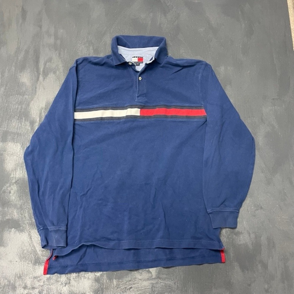 Vintage Tommy Hilfiger‎ Long Sleeve Polo Medium Navy Blue 90s Excellent Striped